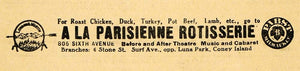 1912 Ad A La Parisienne Rotisserie Dinner Club Cabaret - ORIGINAL THR1