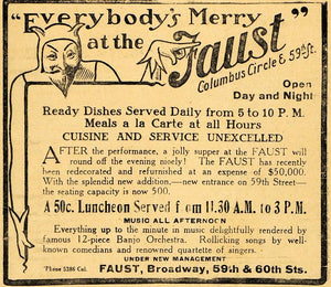 1910 Ad Faust Dinner Music Restaurant Banjo Orchestra - ORIGINAL THR1