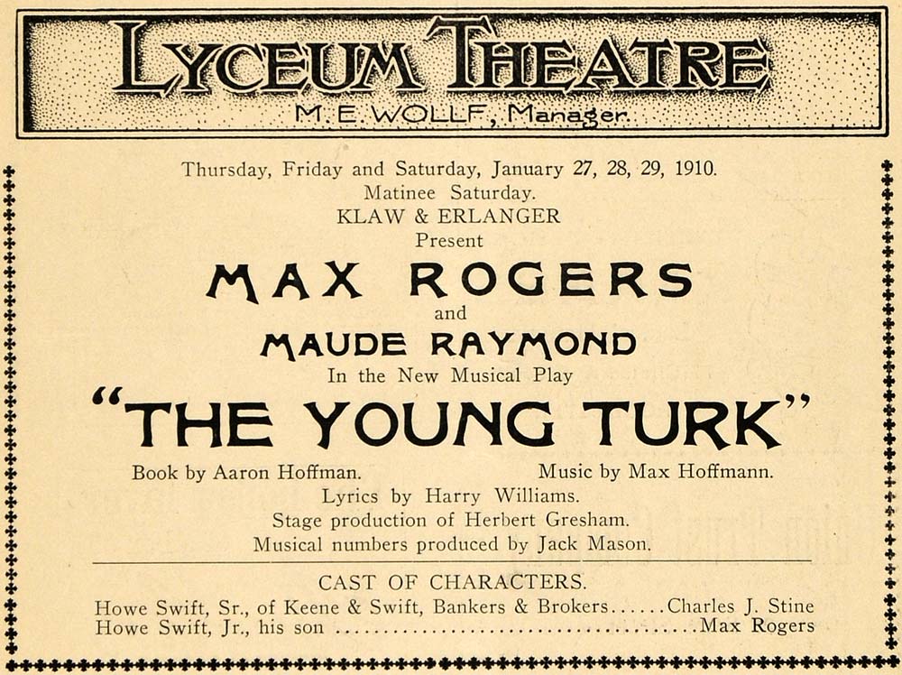 1910 Ad Young Turk Max Rogers Maude Raymond Hoffman - ORIGINAL ADVERTISING THR1