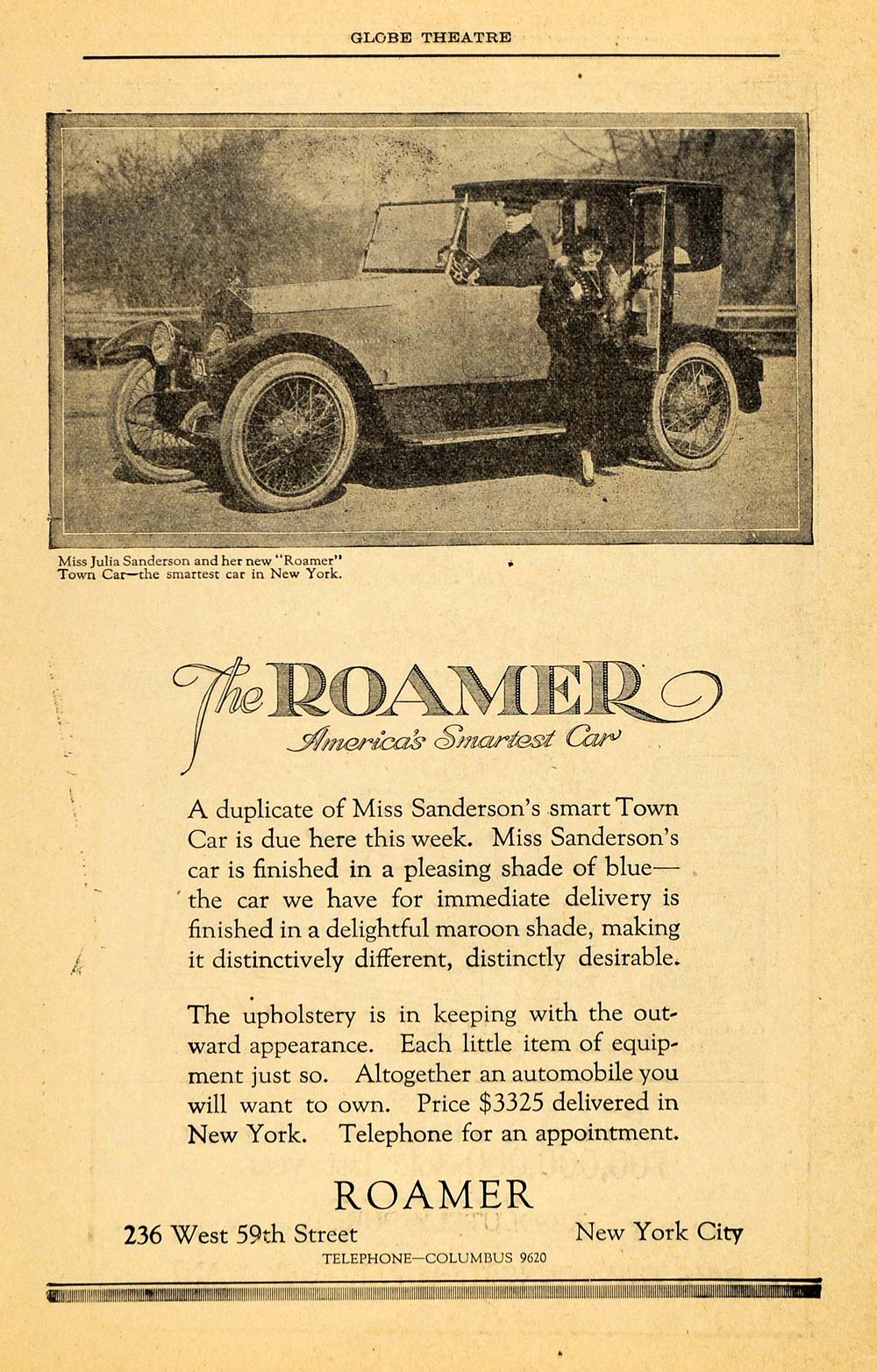 1917 Ad Roamer Car Julia Sanderson Town New York Motor - ORIGINAL THR1