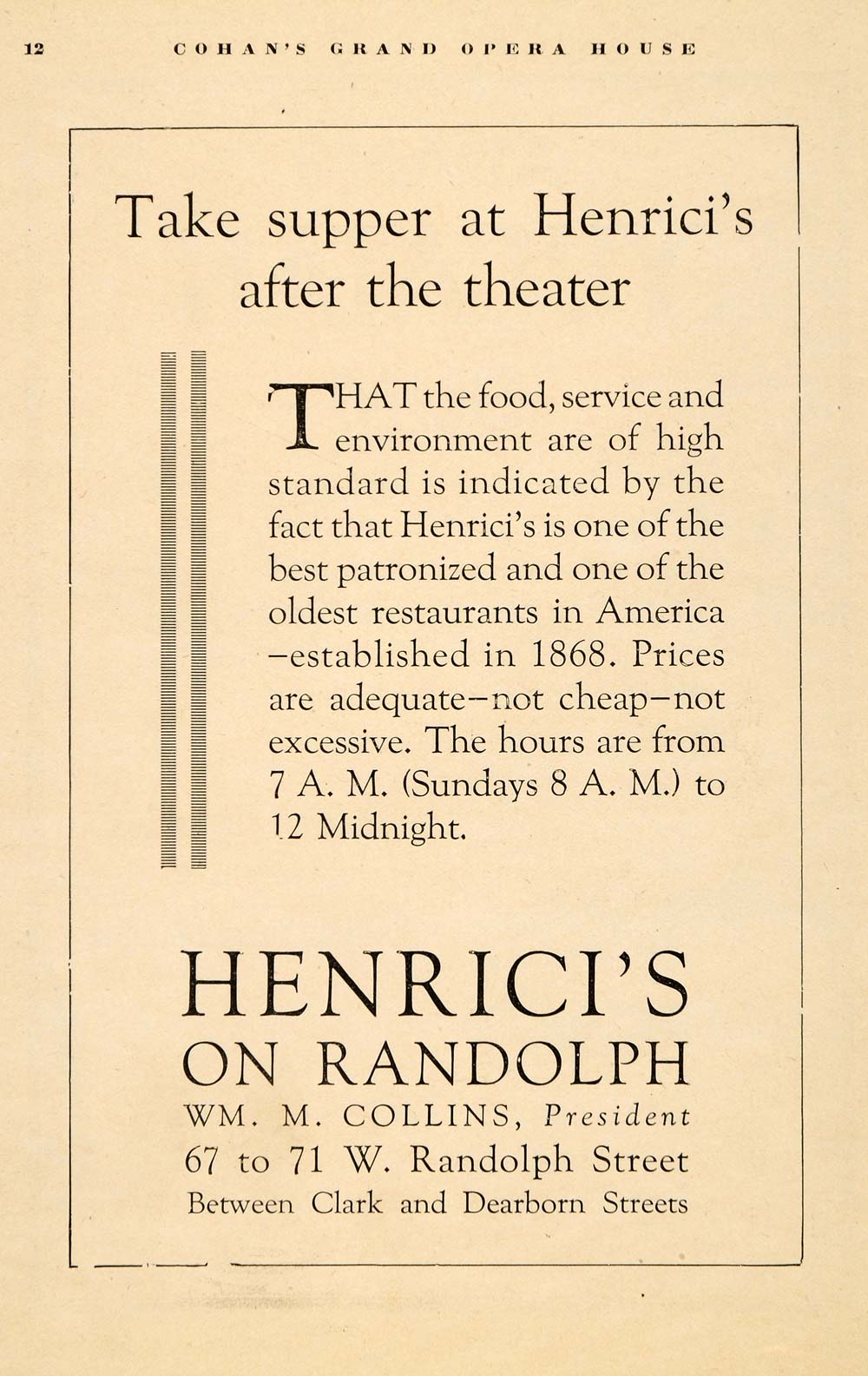1919 Ad Henrici Restaurant Theatre Food Dining Collins - ORIGINAL THR1