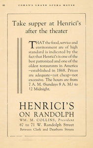1919 Ad Henrici Restaurant Theatre Food Dining Collins - ORIGINAL THR1