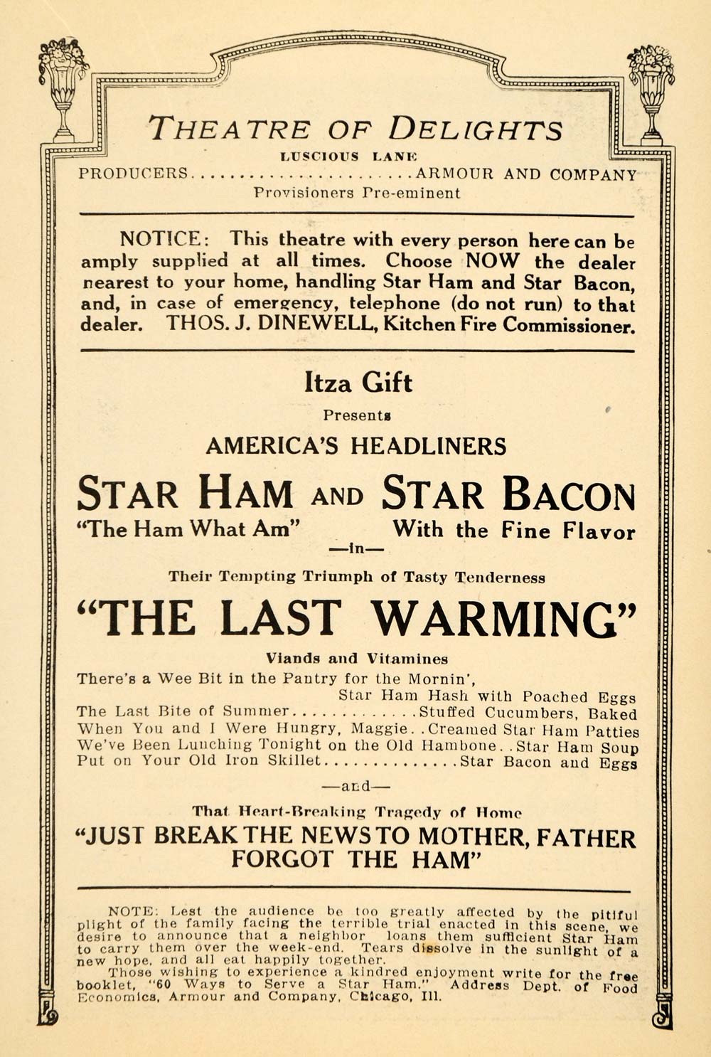 1923 Ad Star Ham Bacon Last Warming Armour Theatre Meat - ORIGINAL THR1