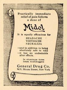 1923 Ad Midol General Drug Headache Toothache Neuralgia - ORIGINAL THR1
