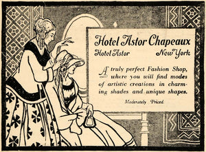 1924 Ad Hotel Astor Chapeaux Fashion New York Garment - ORIGINAL THR1