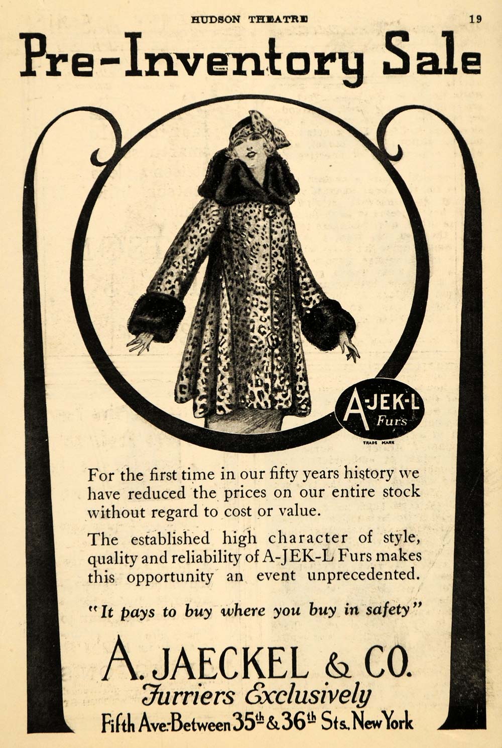 1924 Ad A. Jaeckel Furrier Fur Clothing Coat A-Jek-L - ORIGINAL ADVERTISING THR1