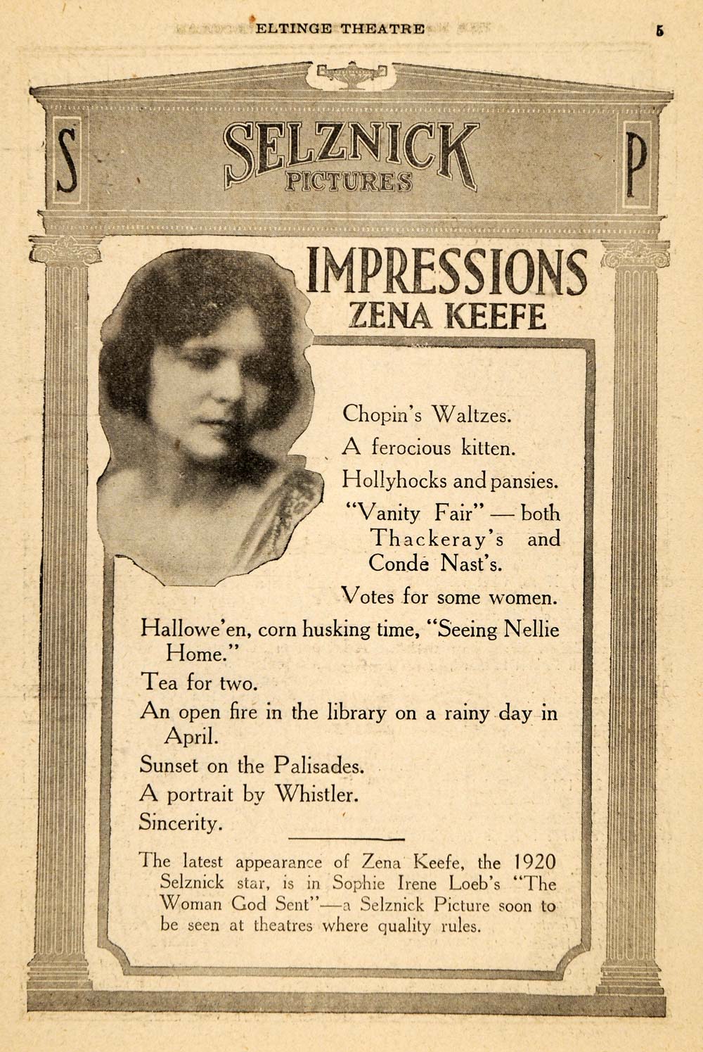 1920 Ad Selznick Pictures Zena Keefe Chopin Vanity Fair - ORIGINAL THR1