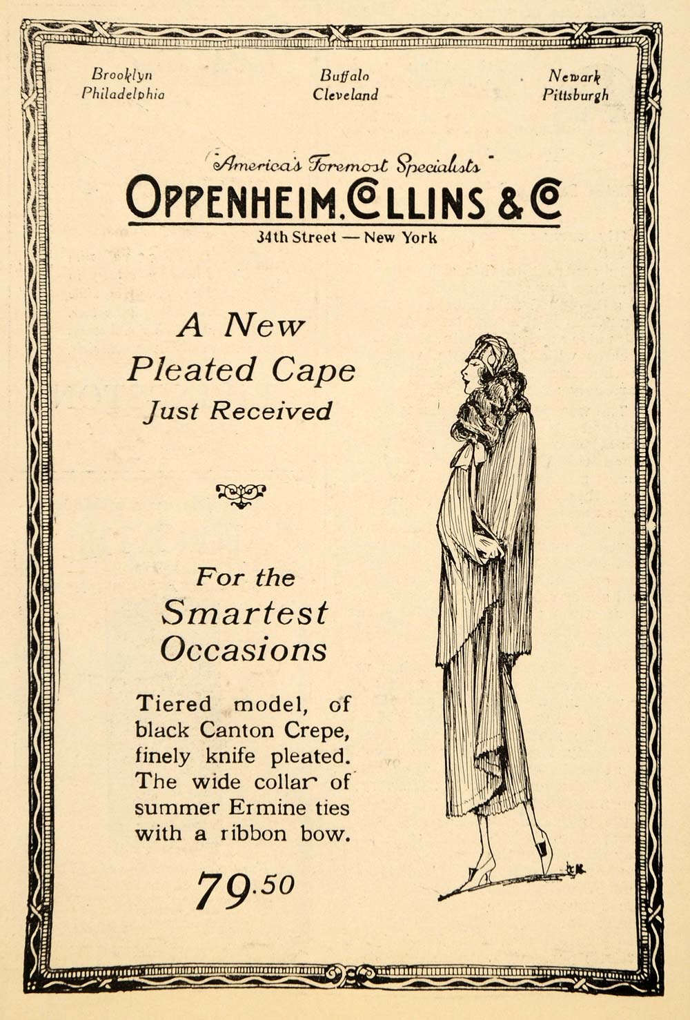 1923 Ad Oppenheim Collins Cape Clothing Fabric Model - ORIGINAL ADVERTISING THR1