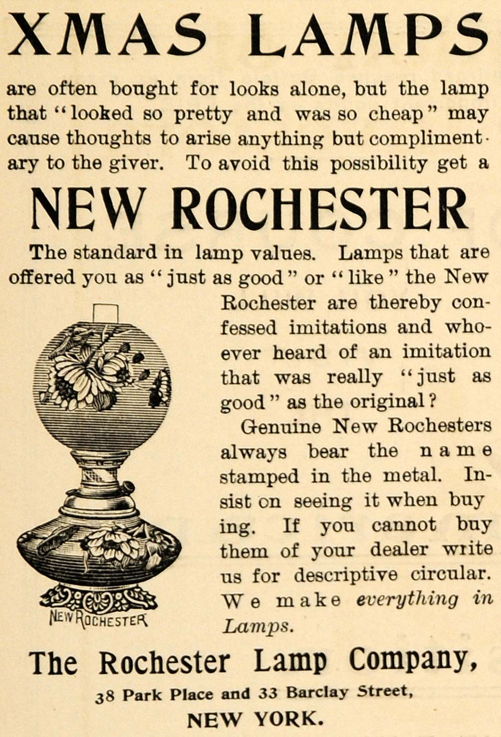 1900 Ad XMAS Lamps Rochester Co. Lighting Home Decor - ORIGINAL ADVERTISING TIN1