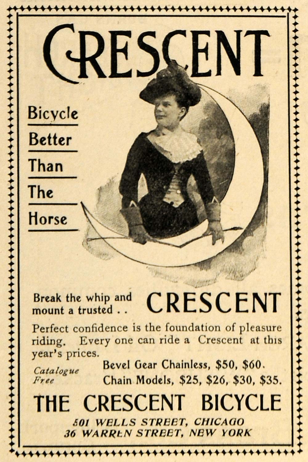 1900 Ad Crescent Bicycles Moon Equestrian Lady Whip - ORIGINAL ADVERTISING TIN1
