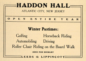 1907 Ad Leeds Lippincott Haddon Atlantic City Hotel - ORIGINAL ADVERTISING TIN1
