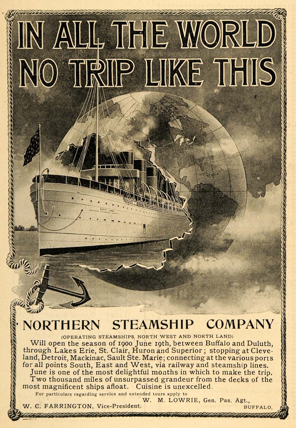 1900 Ad Northern Steamship Liner Globe North Land Lakes - ORIGINAL TIN1