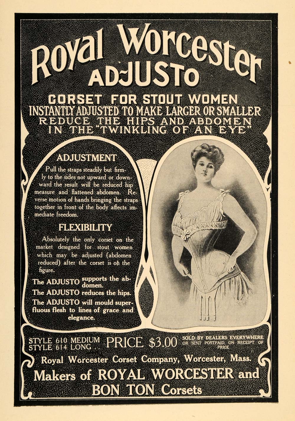 1907 Ad Royal Worcester Corset Ad-Justo For Stout Women - ORIGINAL TIN1