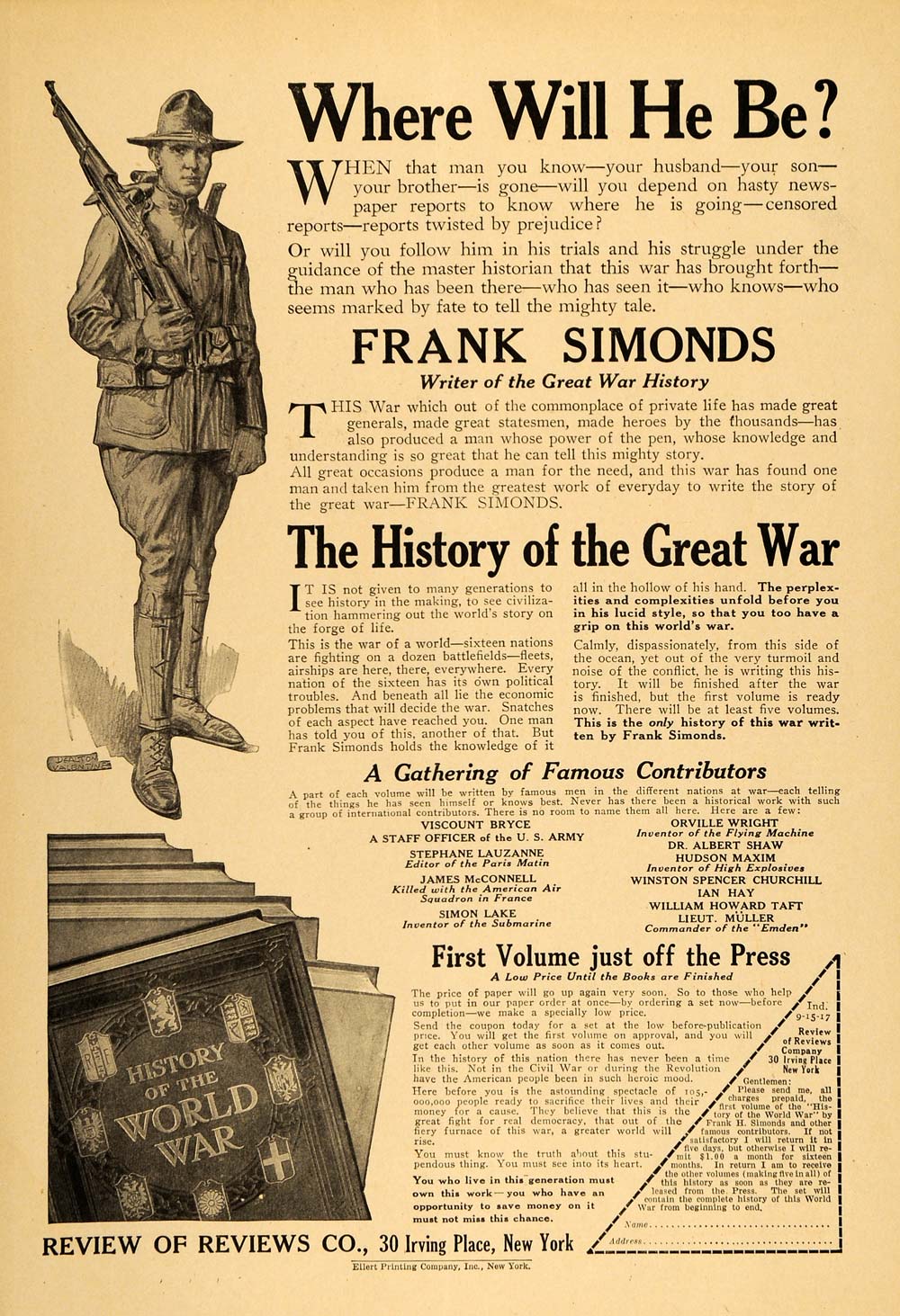 1917 Ad Frank Simonds WWI History Book Orville Wright - ORIGINAL TIN2