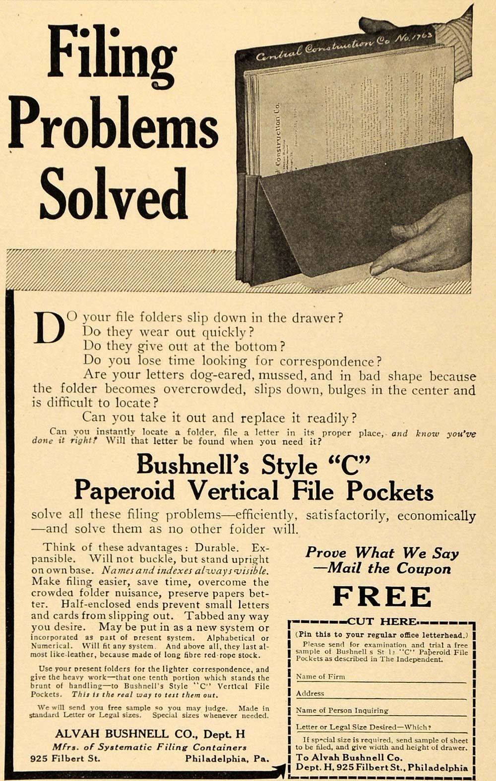 1917 Ad Bushnell Style C Paperoid Vertical File Pockets - ORIGINAL TIN2