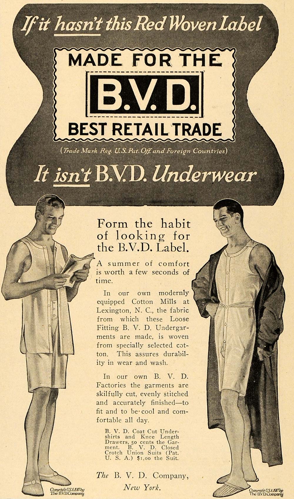 1917 Ad B.V.D. Men's Underwear Red Woven Label WWI - ORIGINAL ADVERTISING TIN2