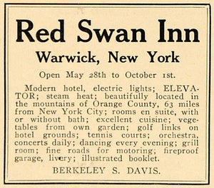 1916 Ad Red Swan Inn Warwick NY Berkeley S. Davis WWI - ORIGINAL TIN2