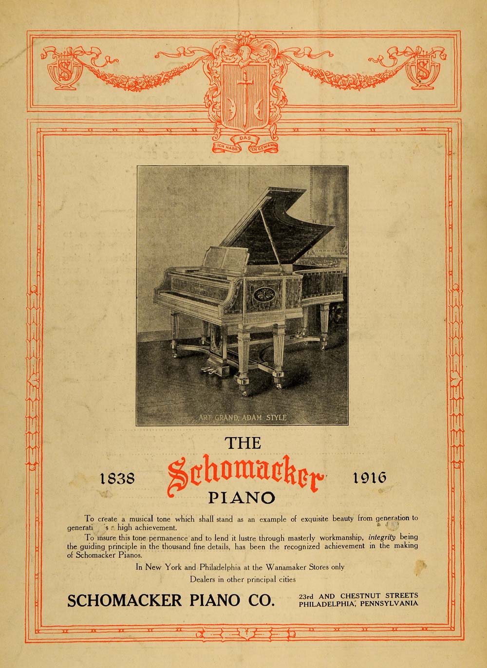 1916 Ad Schomacker Pianos Art Grand Adam Style Model - ORIGINAL ADVERTISING TIN2