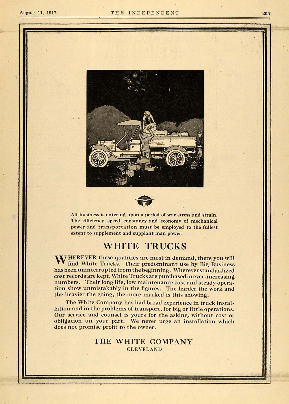 1917 Ad Antique White Delivery Trucks Cleveland WWI - ORIGINAL ADVERTISING TIN2