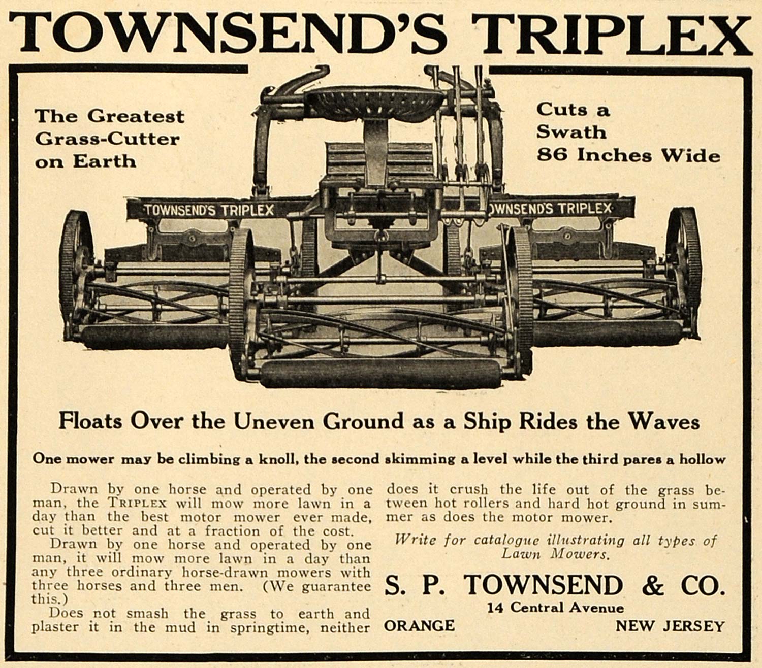 1916 Ad Townsend Triplex Orange New Jersey Grass Mower - ORIGINAL TIN2