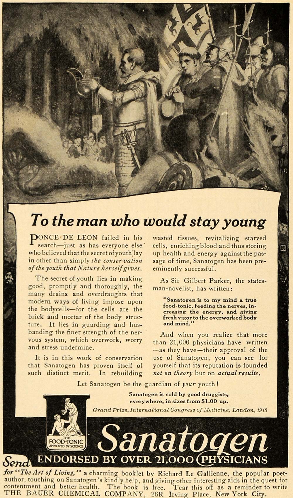 1916 Ad Sanatogen Gilbert Parker Bauer Ponce De Leon - ORIGINAL ADVERTISING TIN2