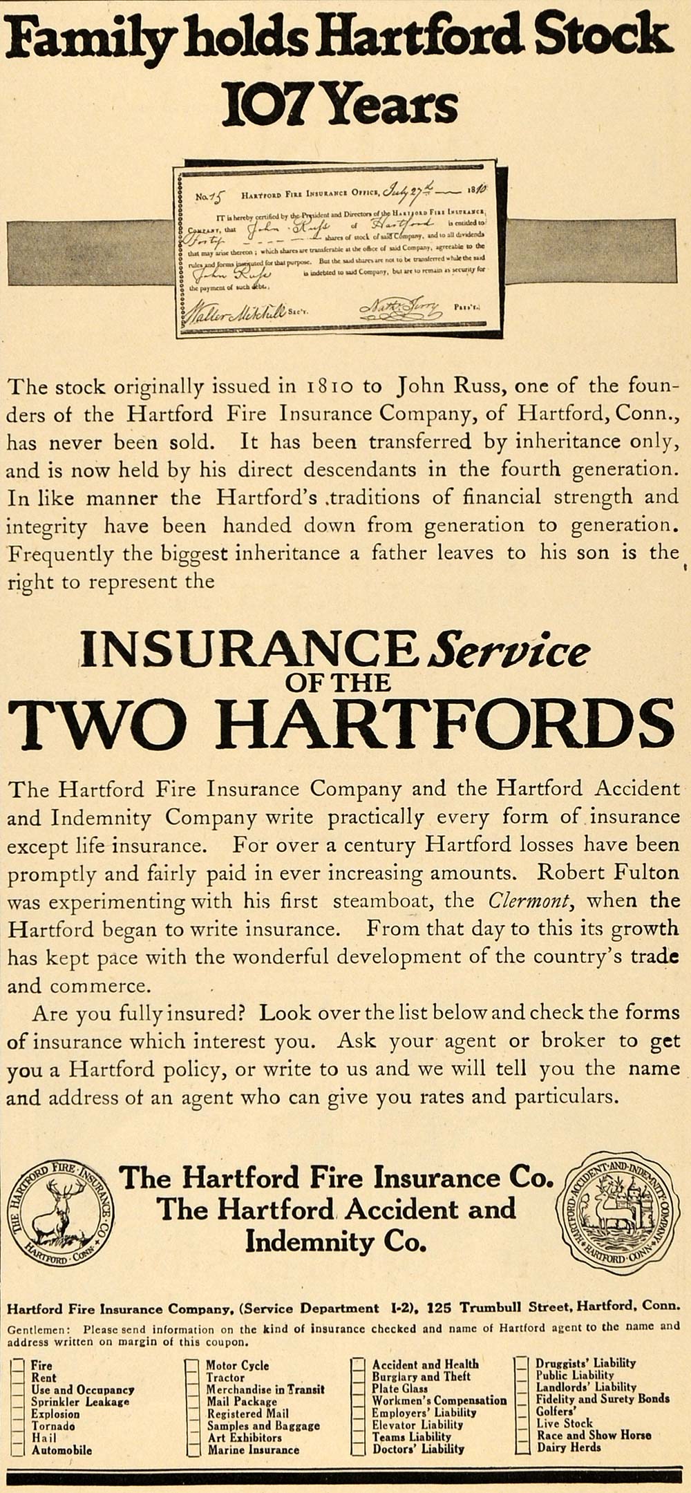 1917 Ad Hartford Fire Insurance Fulton John Russ Broker - ORIGINAL TIN2