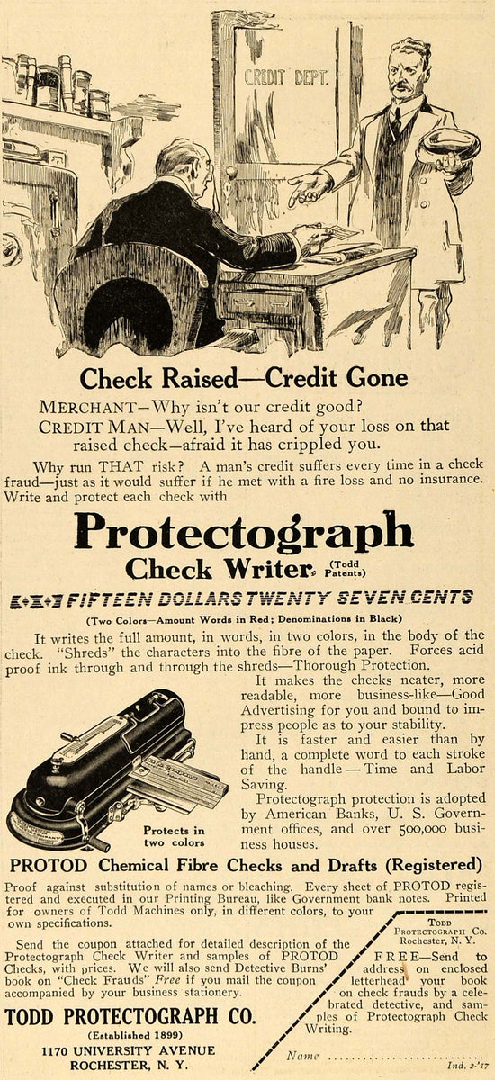 1917 Ad Todd Protectograph Check Writer Credit Merchant - ORIGINAL TIN ...