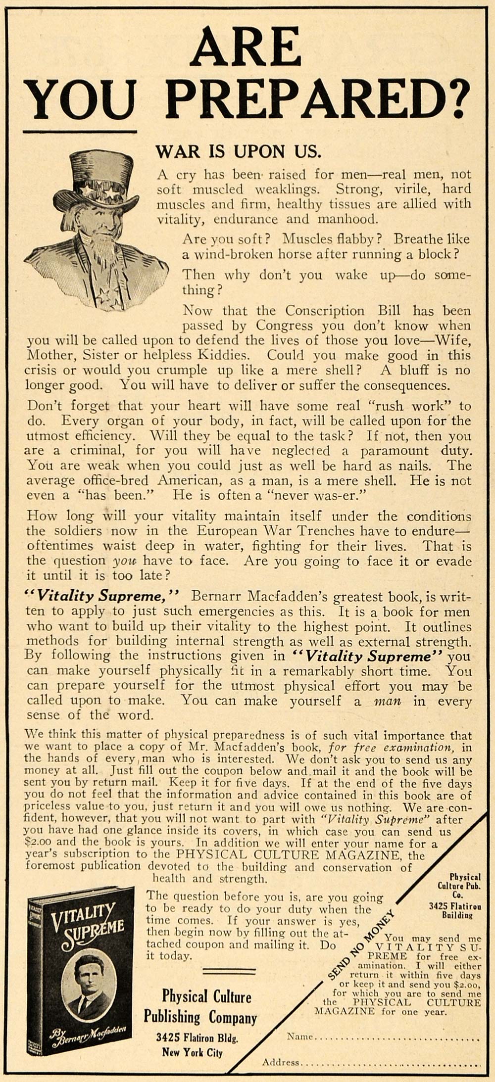 1917 Ad Conscription Bill War Bernarr Macfadden Book - ORIGINAL ADVERTISING TIN2