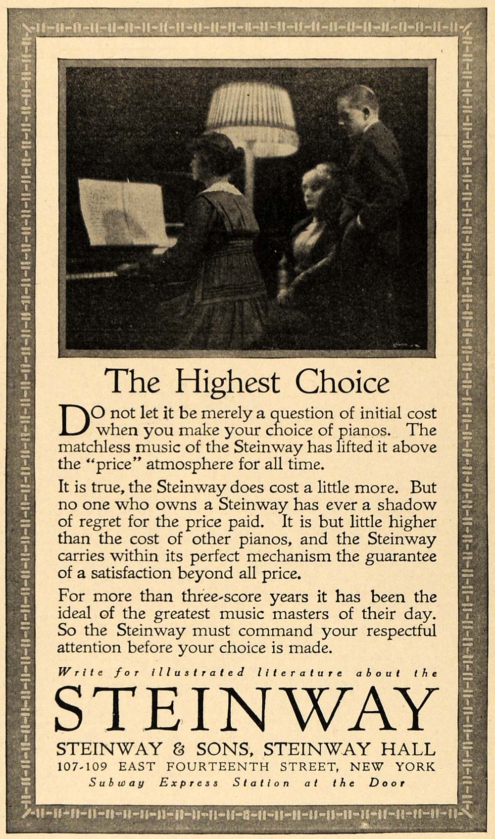 1916 Ad Highest Choice Steinway & Sons Piano Instrument - ORIGINAL TIN2
