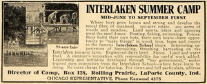 1916 Ad Interlaken Summer Camp Rolling Prairie Indiana - ORIGINAL TIN2