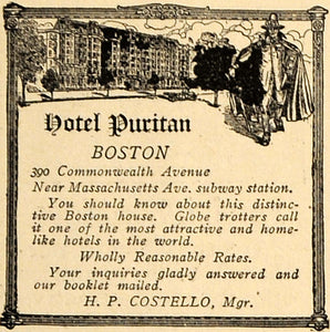 1916 Ad 390 Commonwealth Avenue Boston Hotel Puritan - ORIGINAL ADVERTISING TIN2