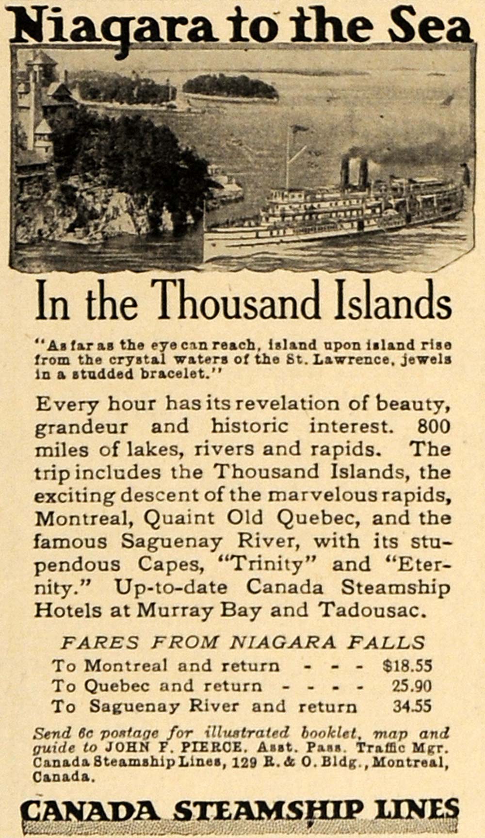 1916 Ad Canada Steamship Lines Thousand Islands Niagara - ORIGINAL TIN2