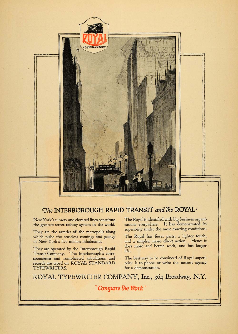 1916 Ad Royal Standard Typewriter Co New York Subway - ORIGINAL ADVERTISING TIN2