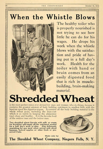 1916 Ad Toiler Whistle Blows Shredded Wheat Cereal Post - ORIGINAL TIN2