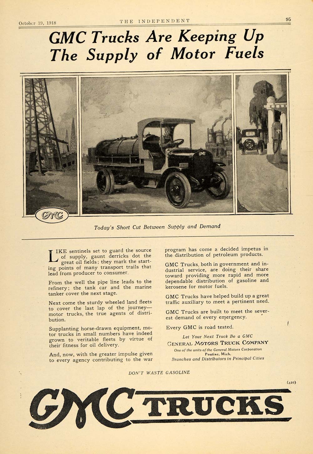 1918 Ad GMC Truck Models Supply Demand Short Cut Gas - ORIGINAL ADVERTISING TIN2