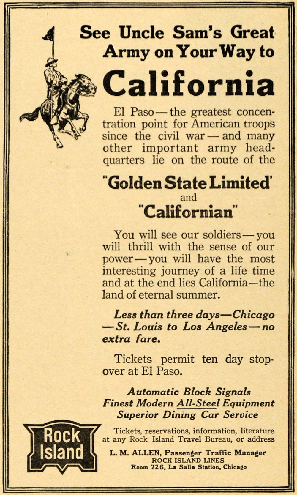 1916 Ad Rock Island Train Golden State Ltd Californian - ORIGINAL TIN2
