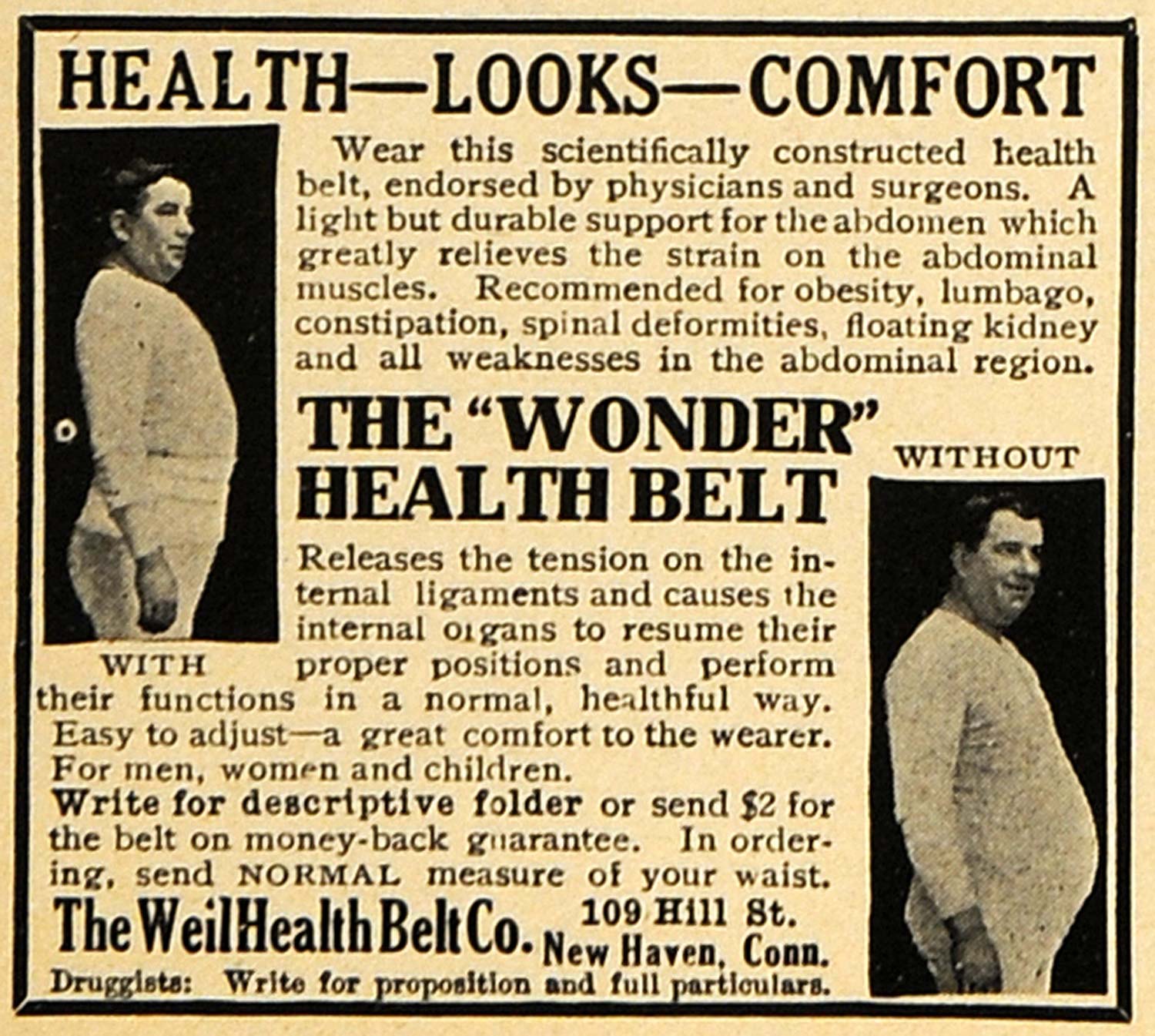 1916 Ad Weil Wonder Health Belt Co Abdominal Muscles - ORIGINAL ADVERTISING TIN2