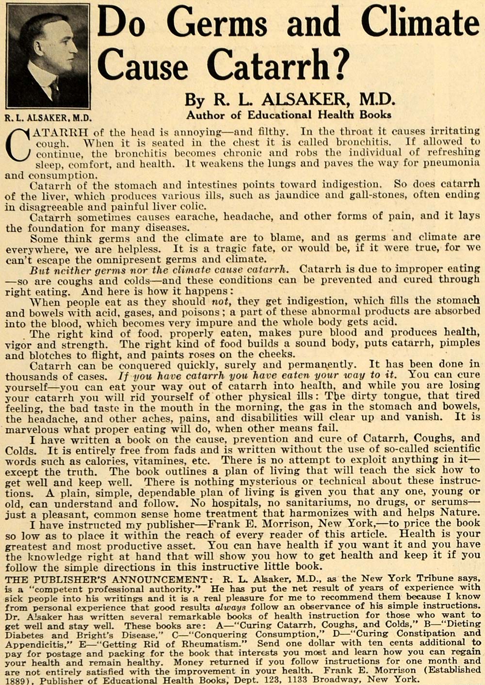 1918 Ad Germs Cause Catarrh R L Alsaker Health Books - ORIGINAL ADVERTISING TIN2