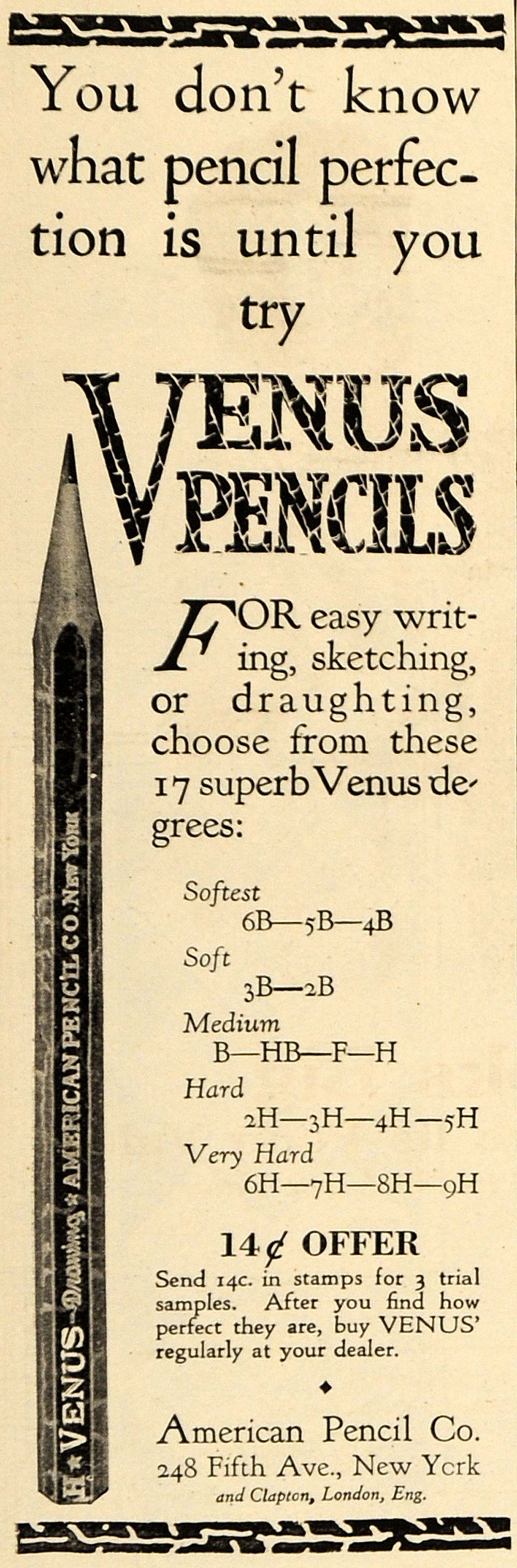 1918 Ad Venus American Pencil Company Writing Sketching - ORIGINAL TIN2