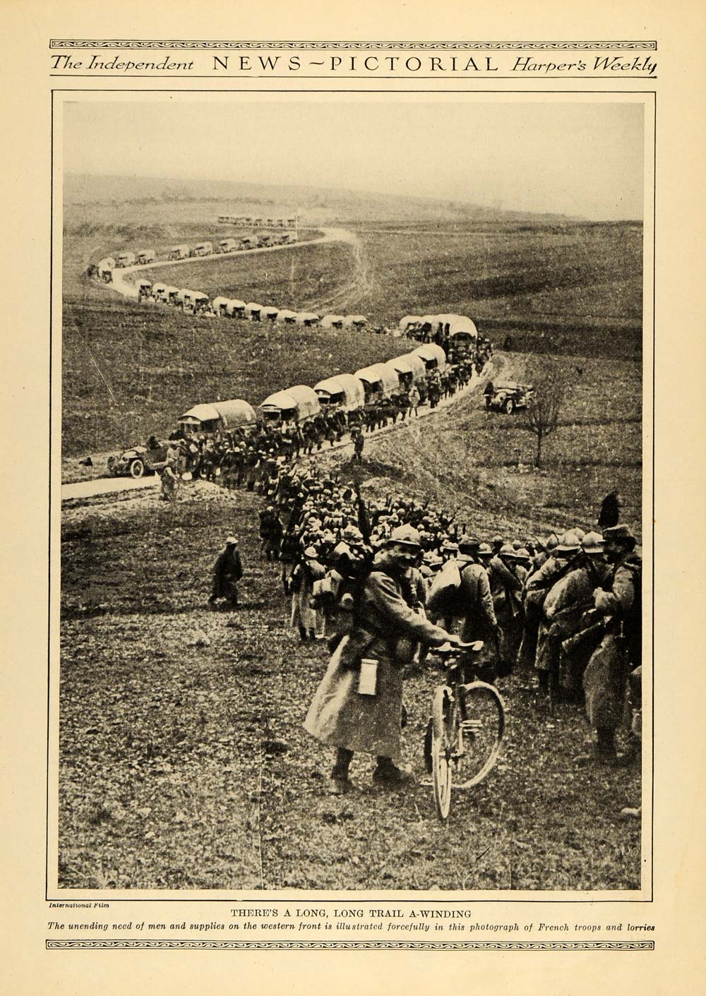 1918 Print French Troops Lorries Trail Men World War I ORIGINAL HISTORIC TIN2