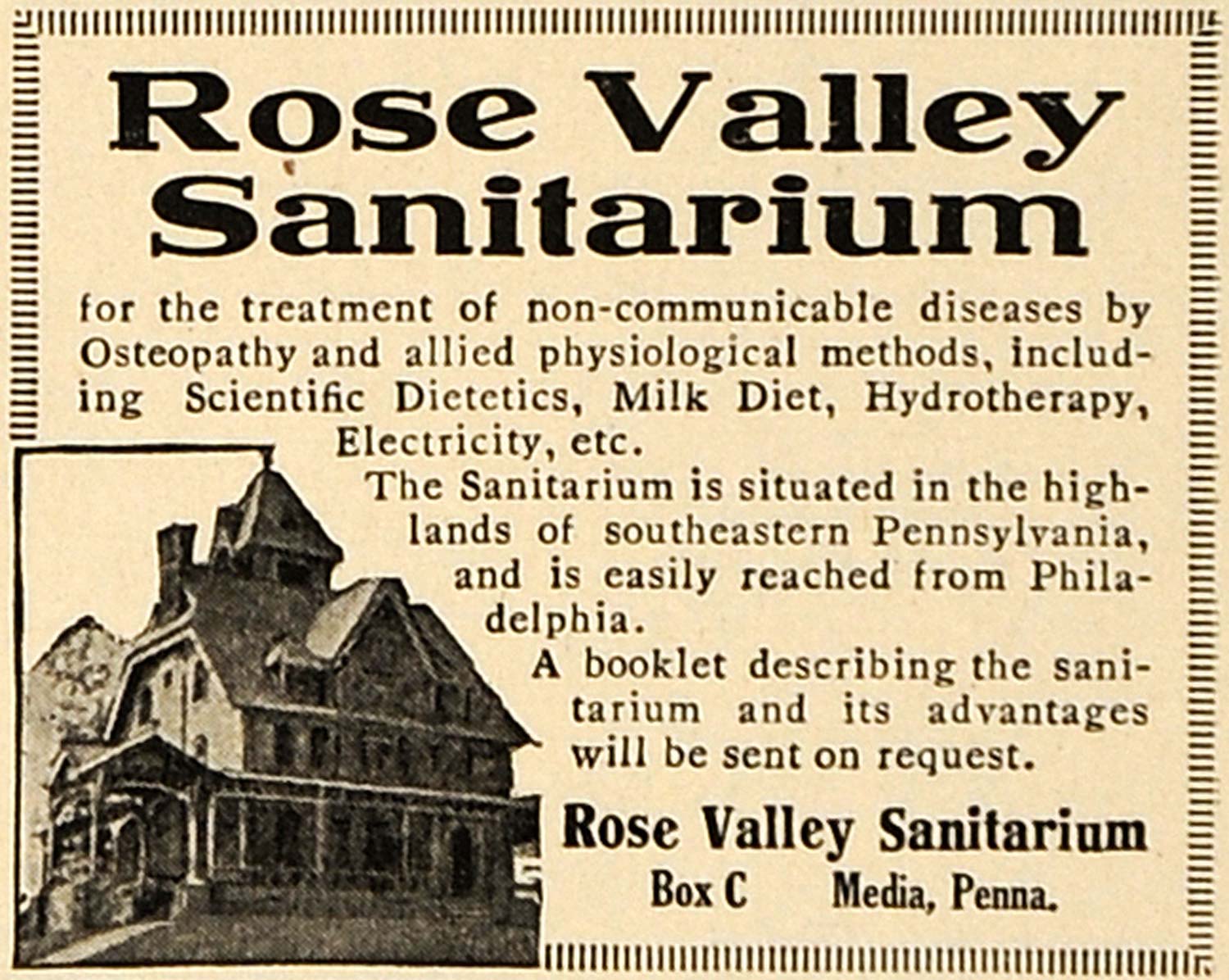 1917 Ad Rose Valley Sanitarium Milk Diet Hydrotherapy - ORIGINAL TIN2