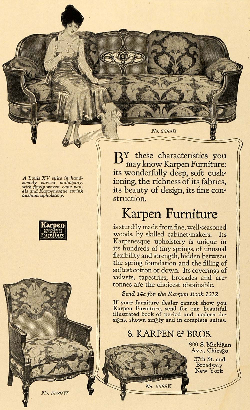 1917 Ad Style No 5589D Louis XV Couch Karpen Furniture - ORIGINAL