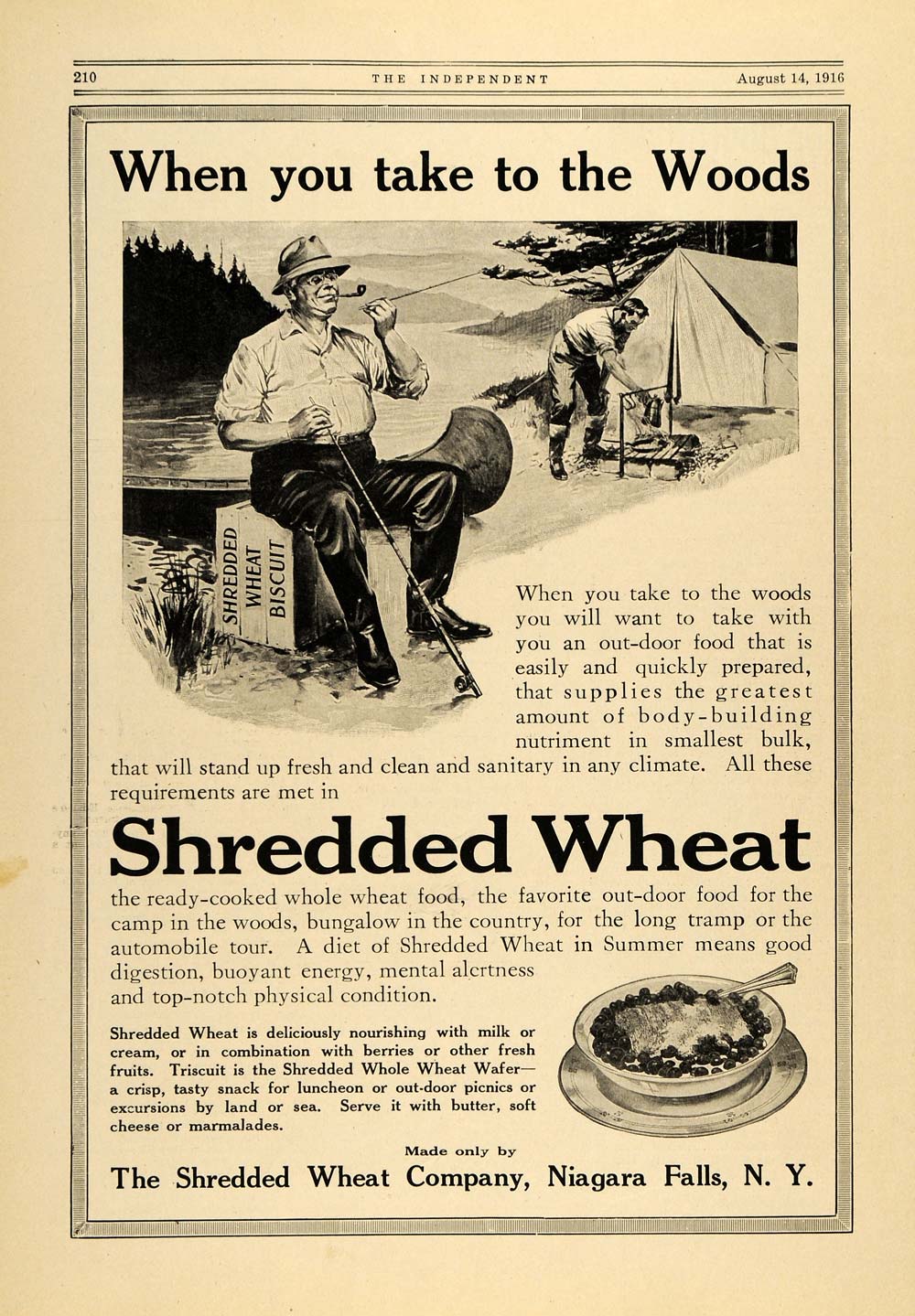 1916 Ad Shredded Wheat Co. Breakfast Fishing Camping - ORIGINAL ADVERTISING TIN2