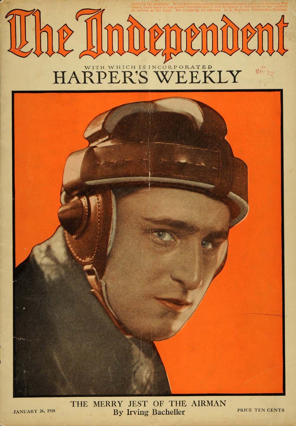 1918 Cover Independent WWI Pilot Irving Bacheller Art - ORIGINAL TIN3