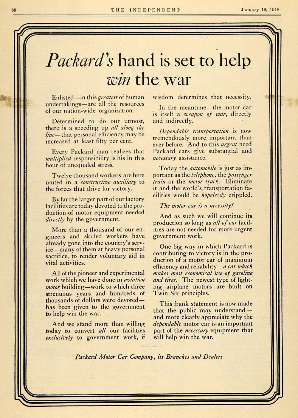1918 Ad WWI Packard Automobile Factory War Efforts - ORIGINAL ADVERTISING TIN3