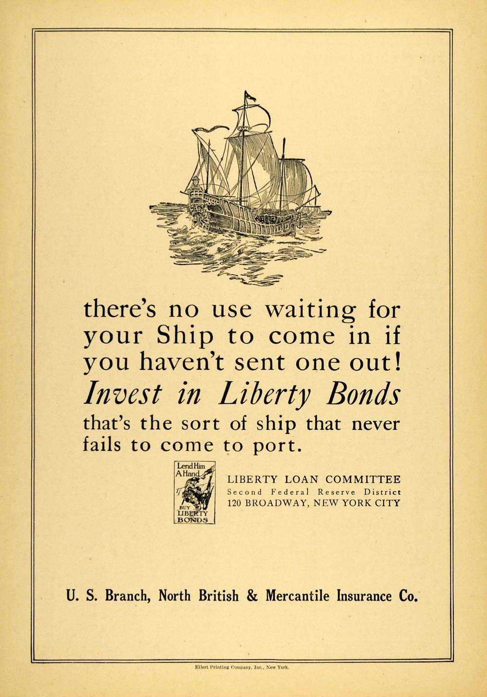 1918 Ad Liberty Bonds WWI Mercantile Insurance Ship NY - ORIGINAL TIN3