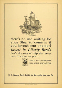 1918 Ad Liberty Bonds WWI Mercantile Insurance Ship NY - ORIGINAL TIN3