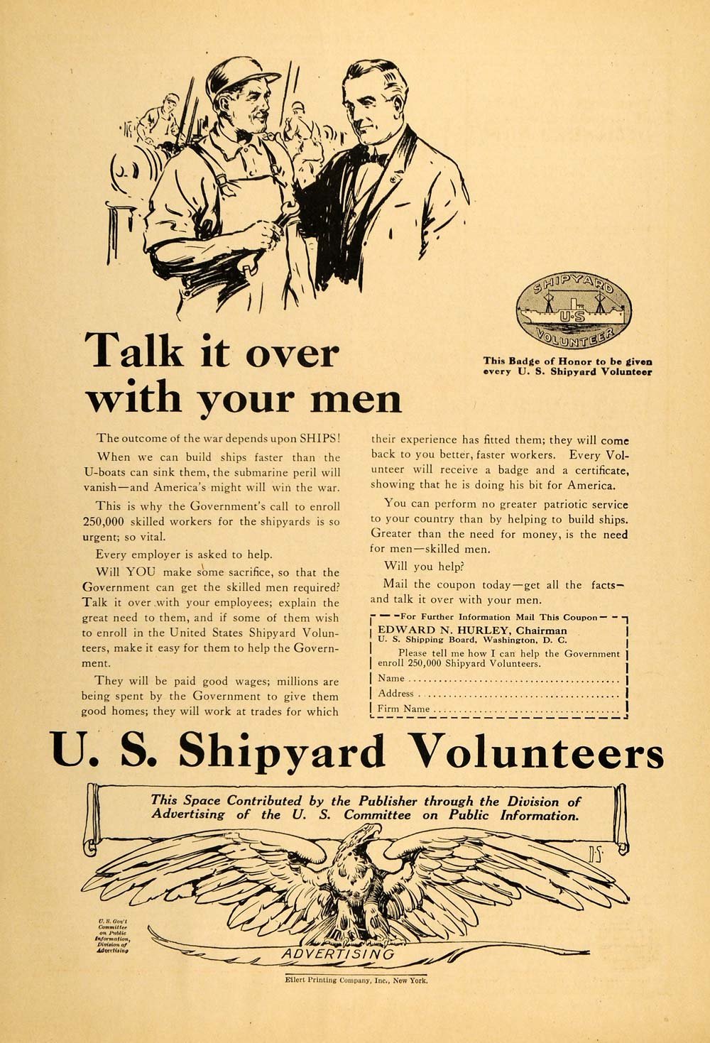 1918 Ad U. S. Shipyard Volunteers Skilled Workers WWI - ORIGINAL TIN3