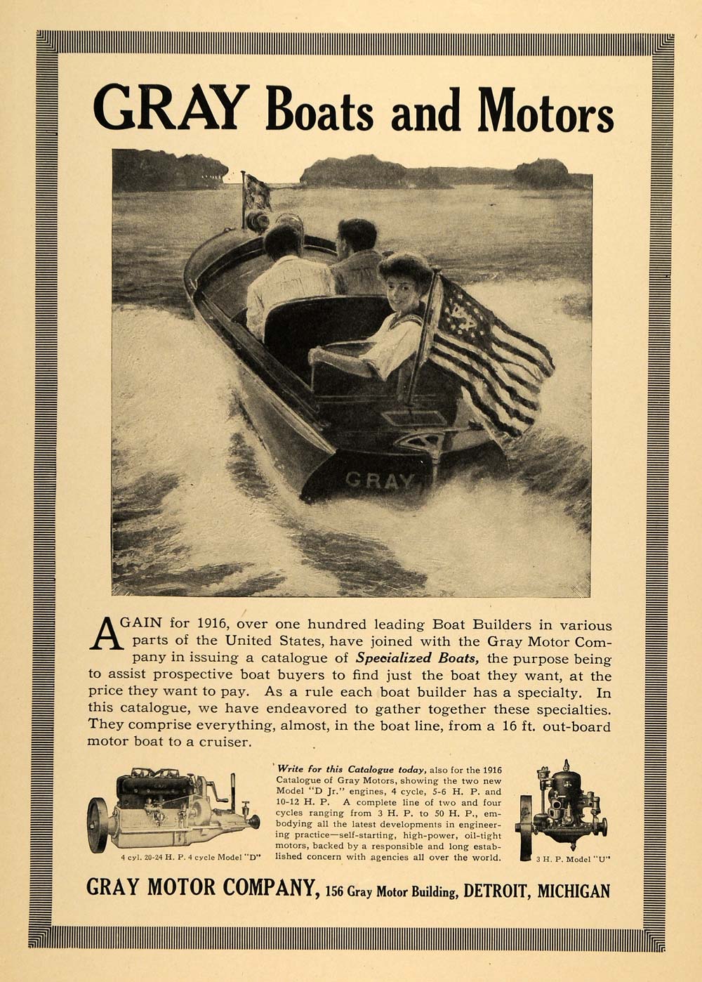 1916 Ad Gray Boats Motors Model D & U Horsepower WWI - ORIGINAL ADVERTISING TIN3