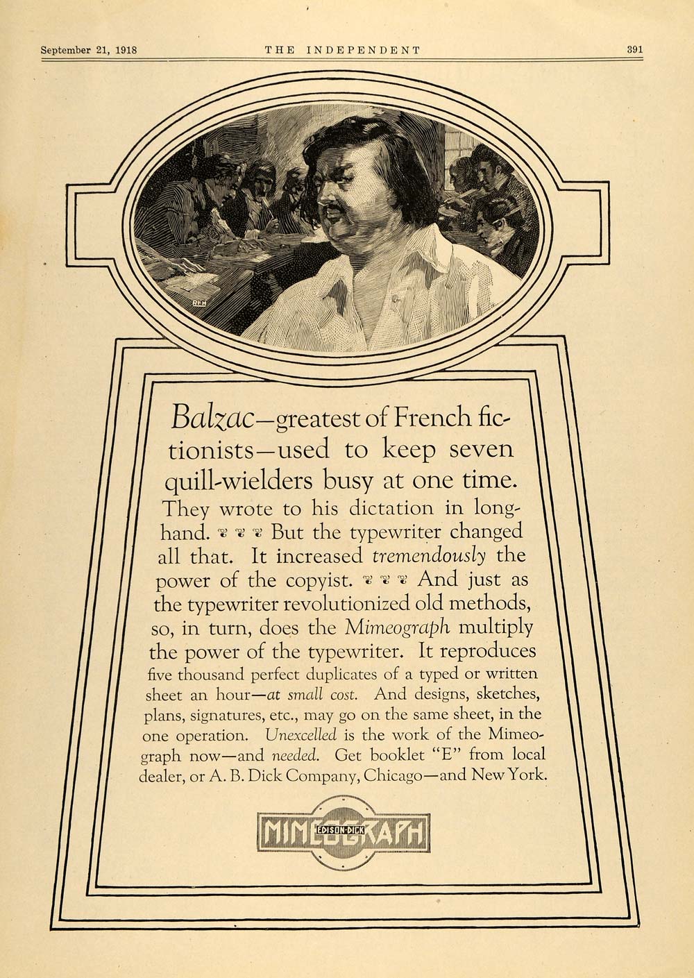 1918 Ad Edison-Dick Mimeograph Typewriter Balzac French - ORIGINAL TIN3